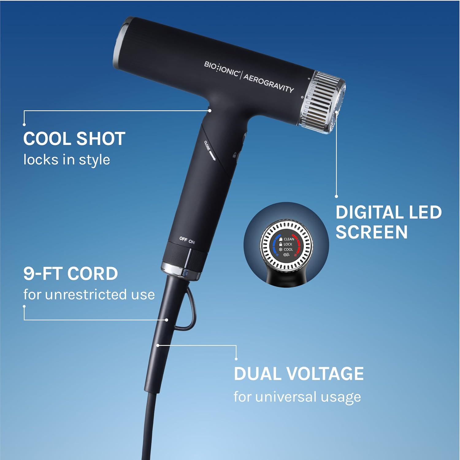 Bio Ionic AeroGravity Featherlight Hair Dryer, Foldable Handle, Reduces Frizz & Static, Compact, Ultra-Lightweight Blow Dryer, Dual Voltage, Includes Diffuser & Concentrator Nozzle, Travel Essentials