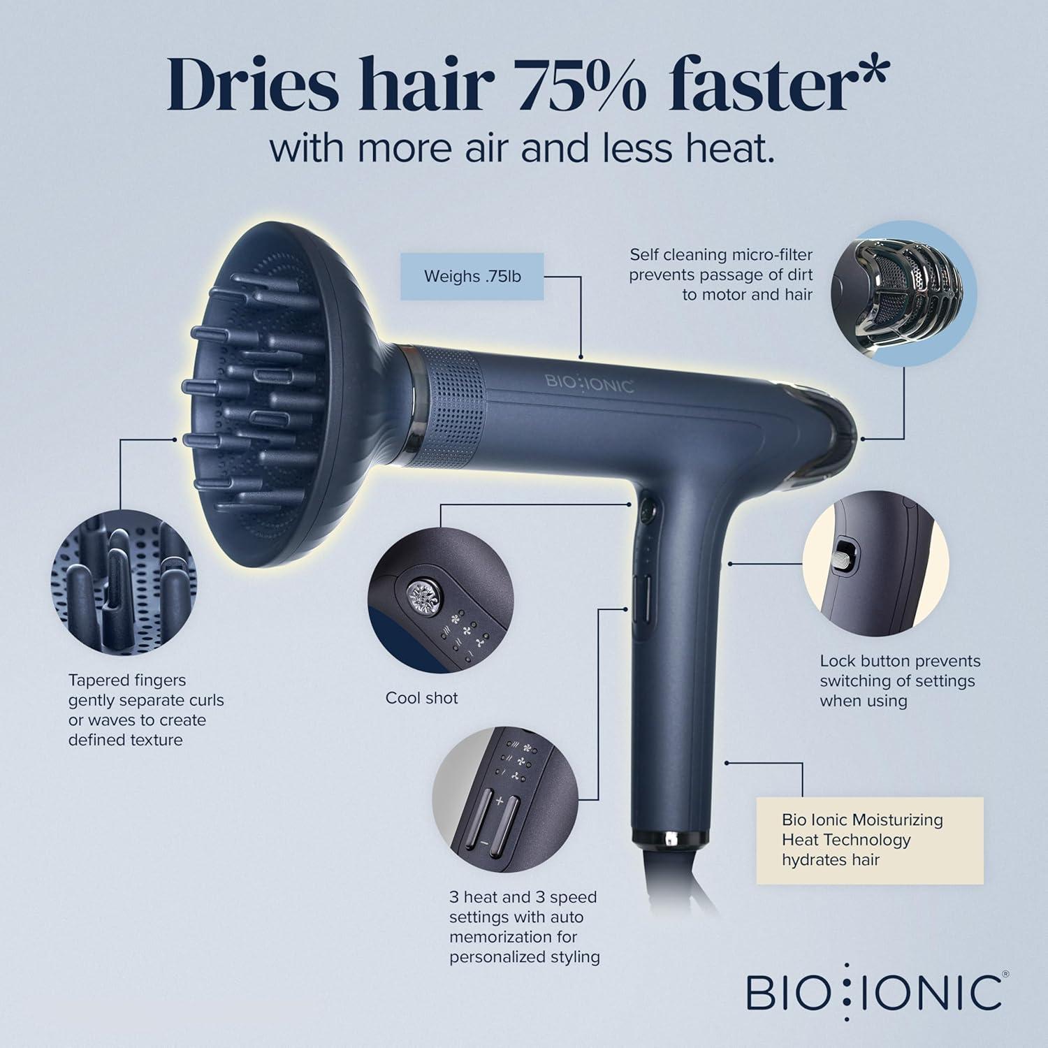 Bio Ionic Smart-X Hair Dryer with Diffuser, High-Efficiency Blow Dryer with 3 Heat & 3 Speed Settings, Diffuser Hair Dryer Gently Dries, Defines & Reduces Frizz, Self Cleaning Function(Blue)
