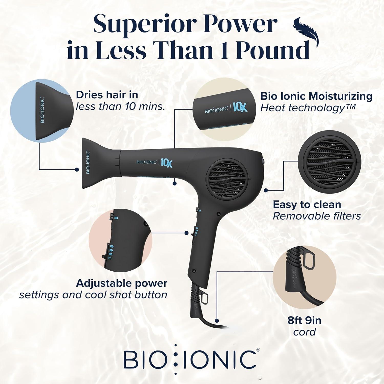 Bio Ionic 10X UltraLight Speed Hair Dryer, Blow Dryer with Adjustable Heat & Speed, Professional Hair Styling Tool for Fast, Frizz-Free Hairstyles, 1800W EcoDrive Brushless Motor