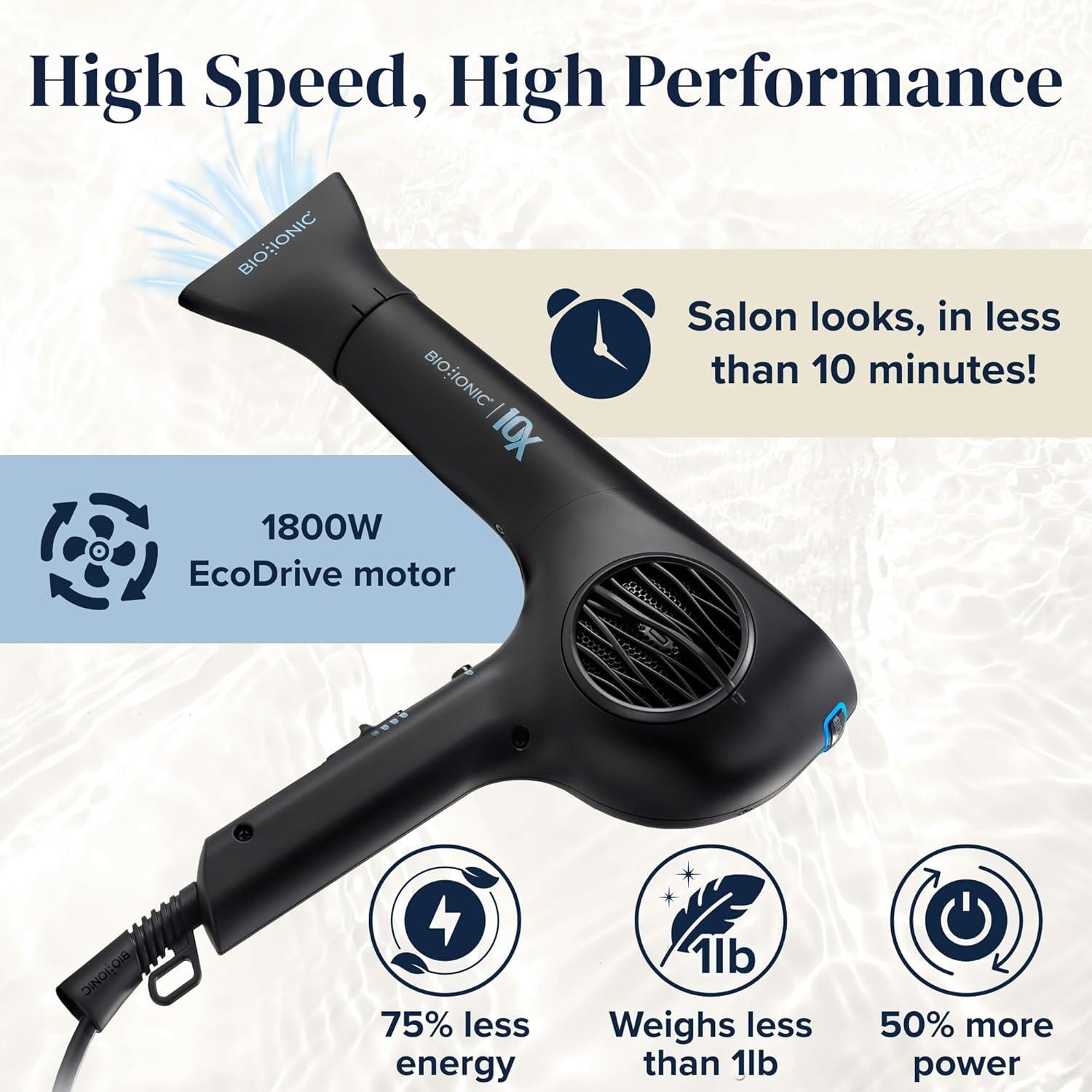Bio Ionic 10X UltraLight Speed Hair Dryer, Blow Dryer with Adjustable Heat & Speed, Professional Hair Styling Tool for Fast, Frizz-Free Hairstyles, 1800W EcoDrive Brushless Motor