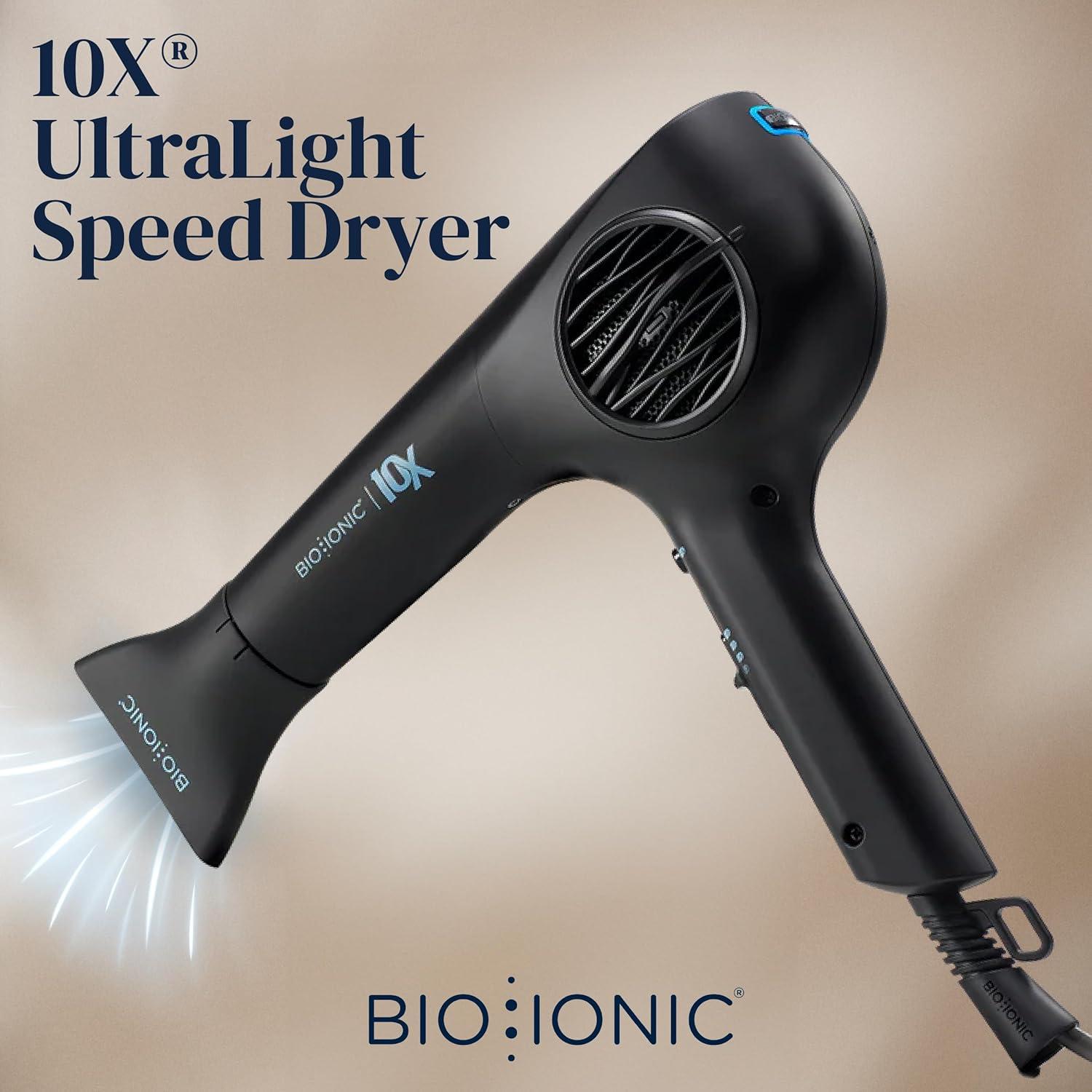 Bio Ionic 10X UltraLight Speed Hair Dryer, Blow Dryer with Adjustable Heat & Speed, Professional Hair Styling Tool for Fast, Frizz-Free Hairstyles, 1800W EcoDrive Brushless Motor