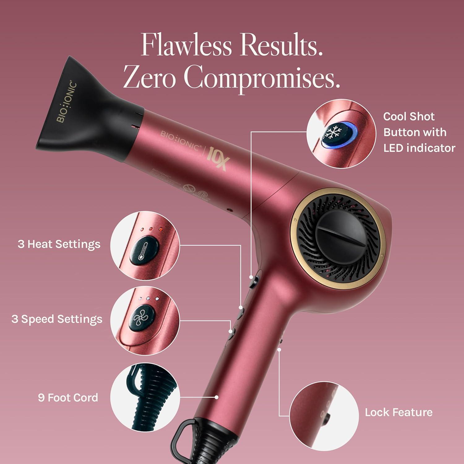 Bio Ionic 10X Ultralight Speed Hair Dryer, Blow Dryer with Adjustable Heat & Speed, Memory Function, Professional Hair Styling Tool for Fast, Frizz-Free Hairstyles(Velvet Rouge Limited Edition)