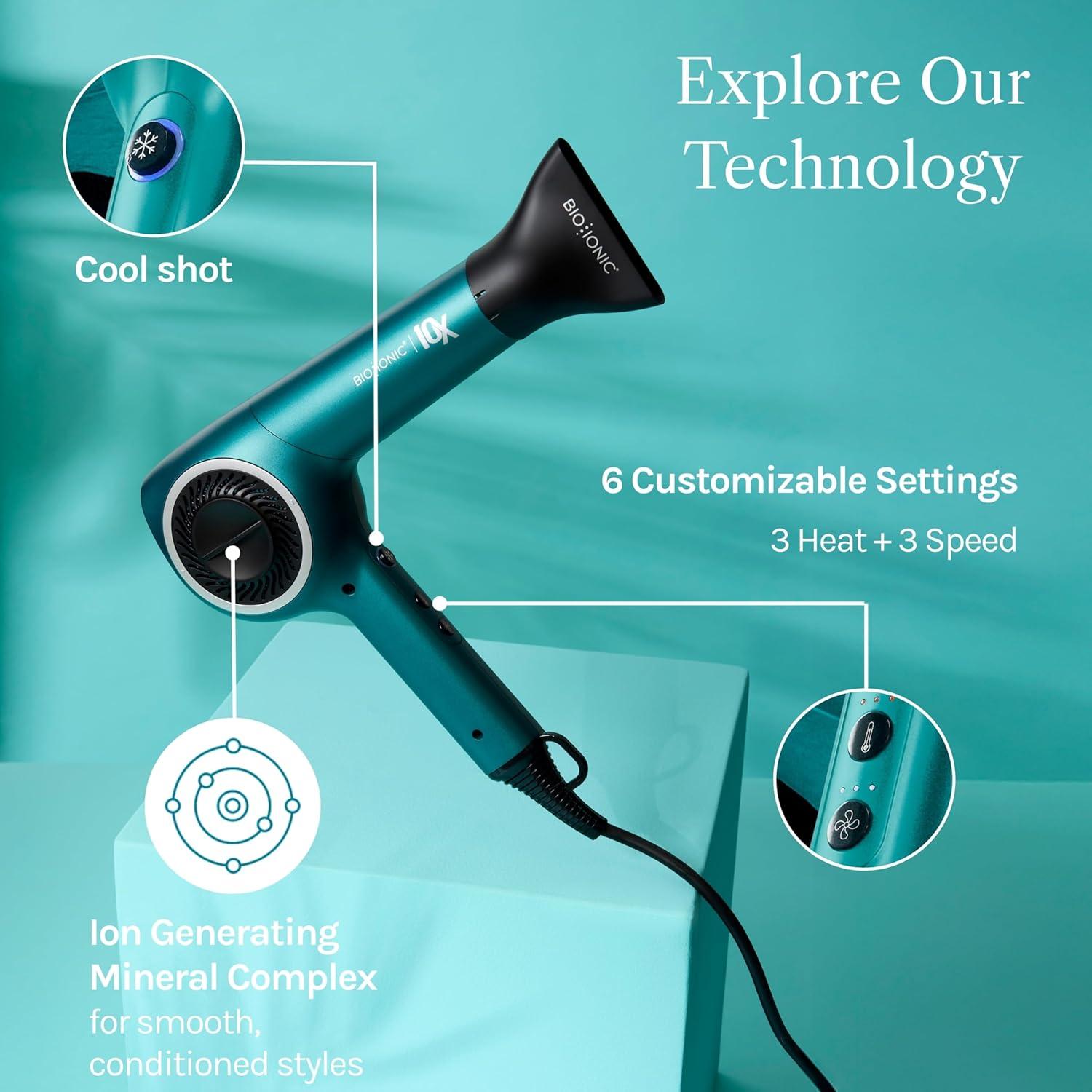 Bio Ionic 10X Ultralight Speed Hair Dryer, Blow Dryer with Adjustable Heat & Speed, Memory Function, Professional Hair Styling Tool for Fast, Frizz-Free Hairstyles(Teal Tides Limited Edition)