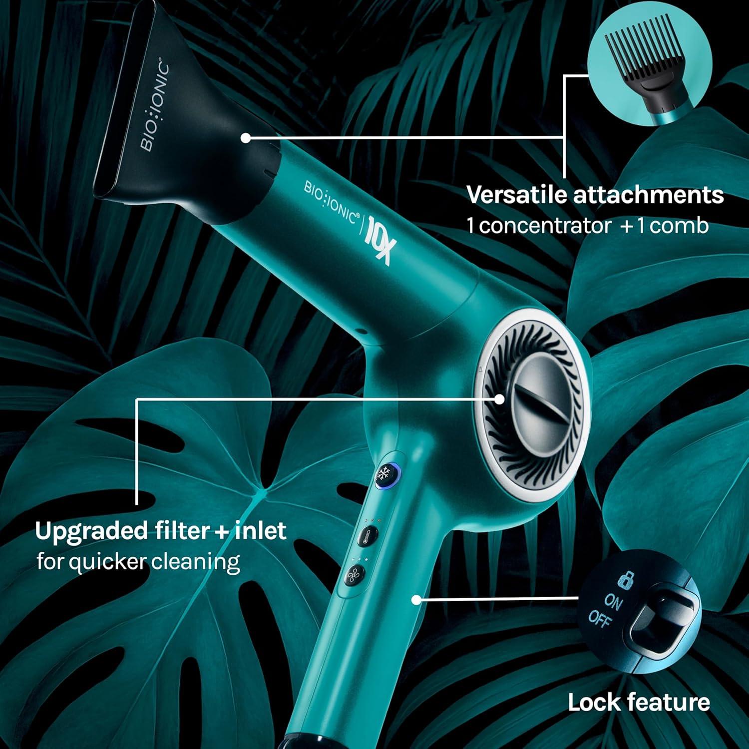 Bio Ionic 10X Ultralight Speed Hair Dryer, Blow Dryer with Adjustable Heat & Speed, Memory Function, Professional Hair Styling Tool for Fast, Frizz-Free Hairstyles(Teal Tides Limited Edition)