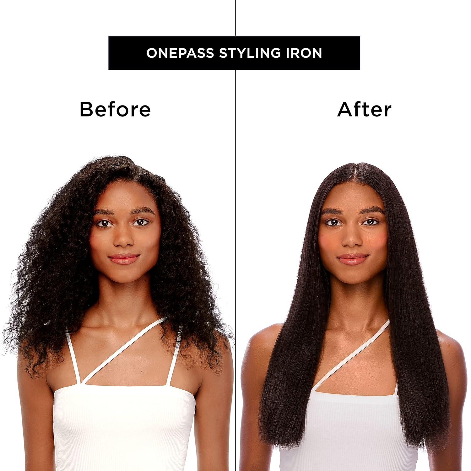 BIO Ionic Onepass Styling Flat Iron with NanoIonic & Moisturizing Heat Technology, Hydrated and Frizz-Free Hair, Ceramic Hair Straightener with Silicone Strip for Gentle OnePass Styling(Black)