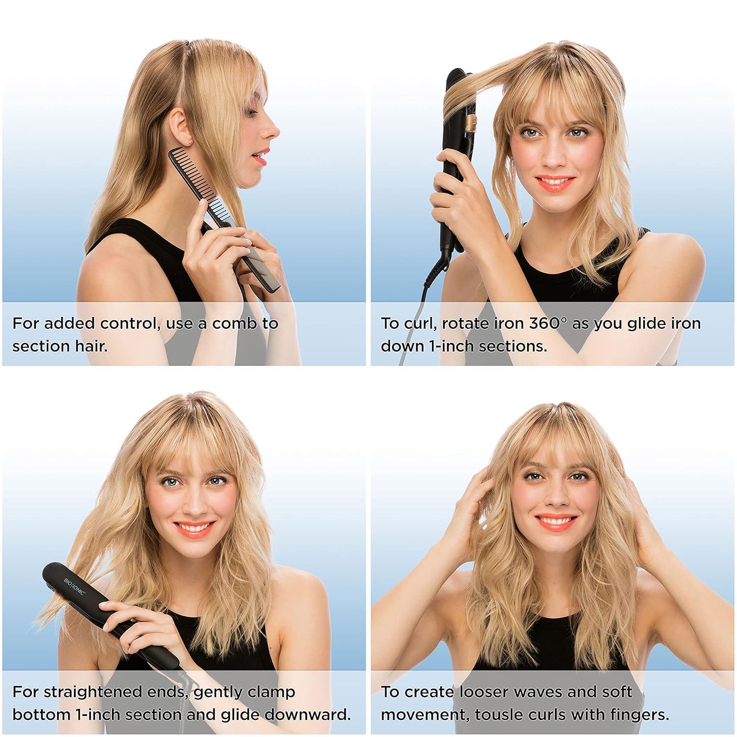 BIO Ionic Onepass Styling Flat Iron with NanoIonic & Moisturizing Heat Technology, Hydrated and Frizz-Free Hair, Ceramic Hair Straightener with Silicone Strip for Gentle OnePass Styling(Black)
