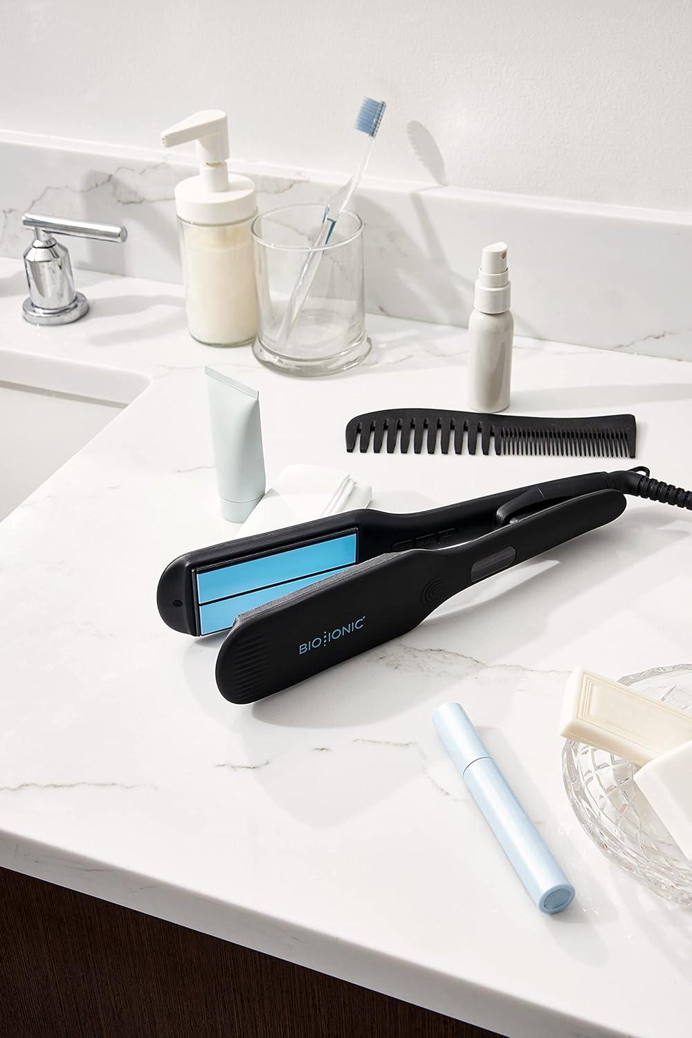 BIO Ionic Onepass Styling Flat Iron with NanoIonic & Moisturizing Heat Technology, Hydrated and Frizz-Free Hair, Ceramic Hair Straightener with Silicone Strip for Gentle OnePass Styling(Black)