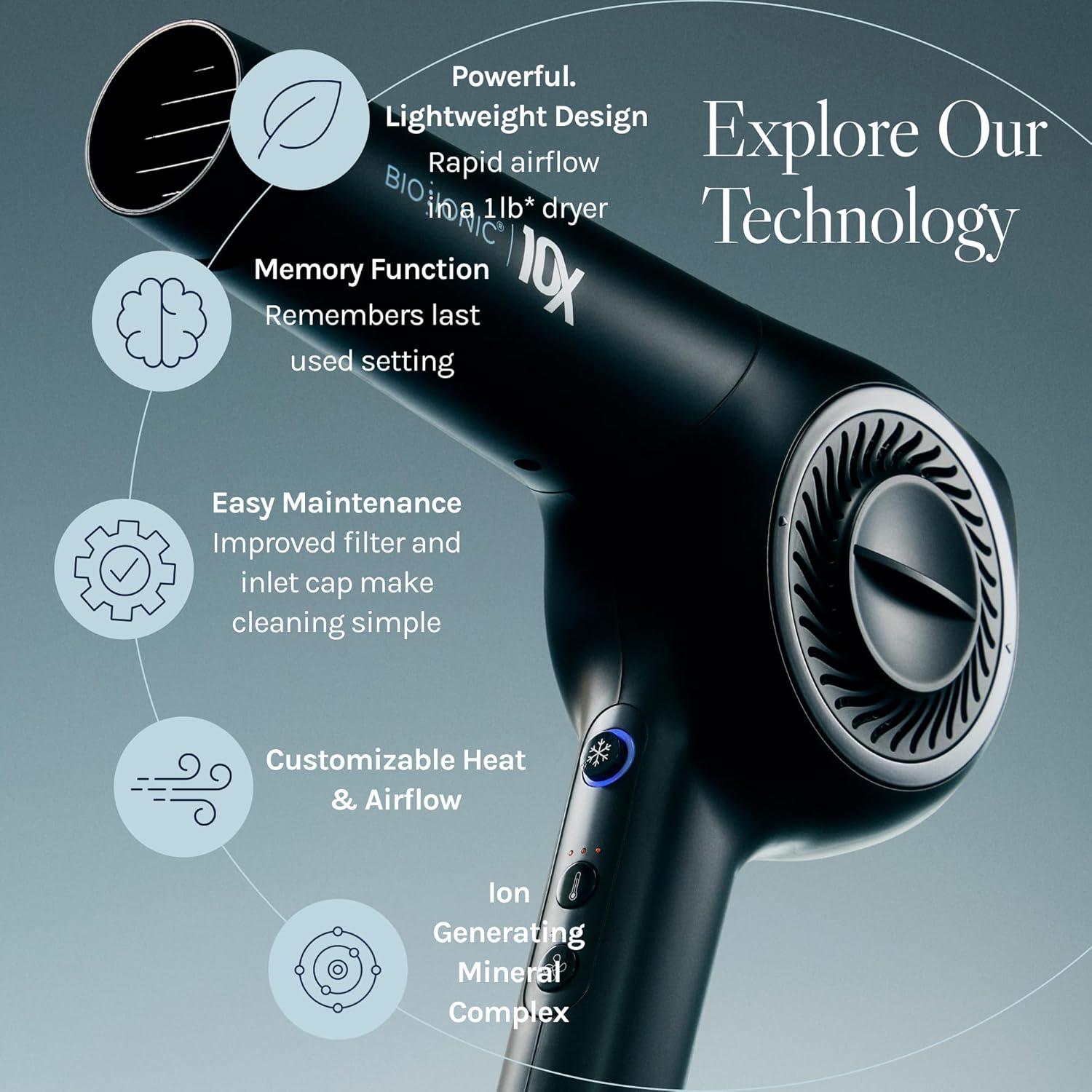 Bio Ionic 10X Ultralight Speed Hair Dryer, Blow Dryer with Adjustable Heat & Speed, Memory Function, Professional Hair Styling Tool for Fast, Frizz-Free Hairstyles(Black)