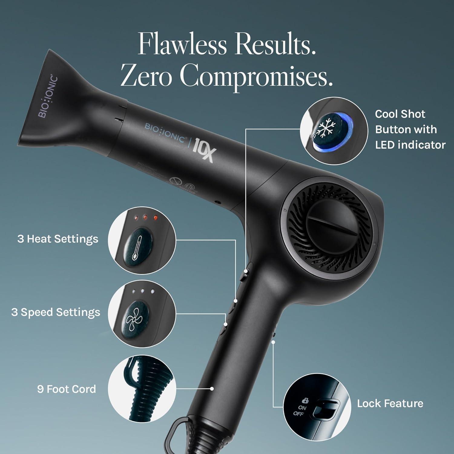 Bio Ionic 10X Ultralight Speed Hair Dryer, Blow Dryer with Adjustable Heat & Speed, Memory Function, Professional Hair Styling Tool for Fast, Frizz-Free Hairstyles(Black)