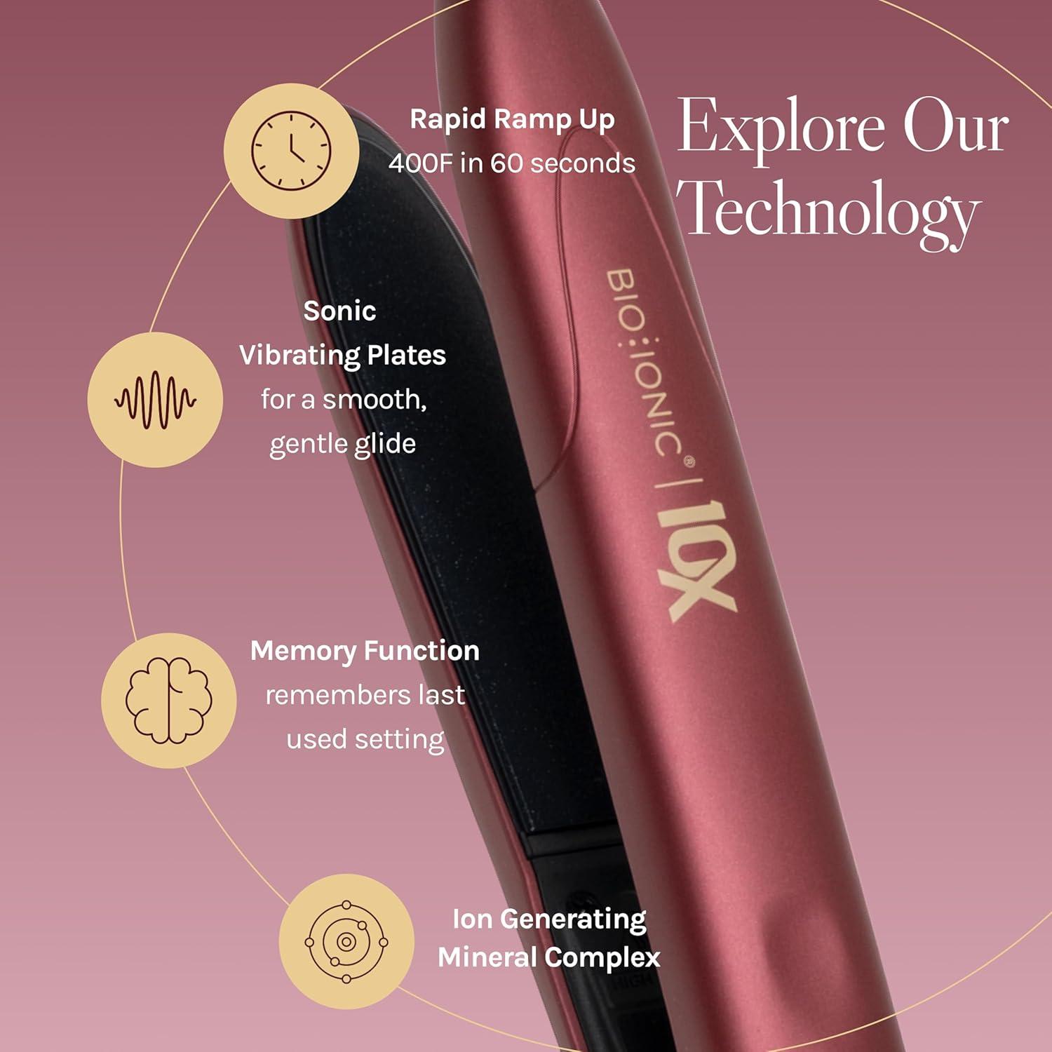 Bio Ionic 10X Styling Iron, Hair Straightener with 1″ Sonic Vibrating Plates, Flat Iron with Ion Generating Mineral Complex, Versatile Styler for Wavy & Straight Hairstyles(Velvet Rouge Limited Edition)