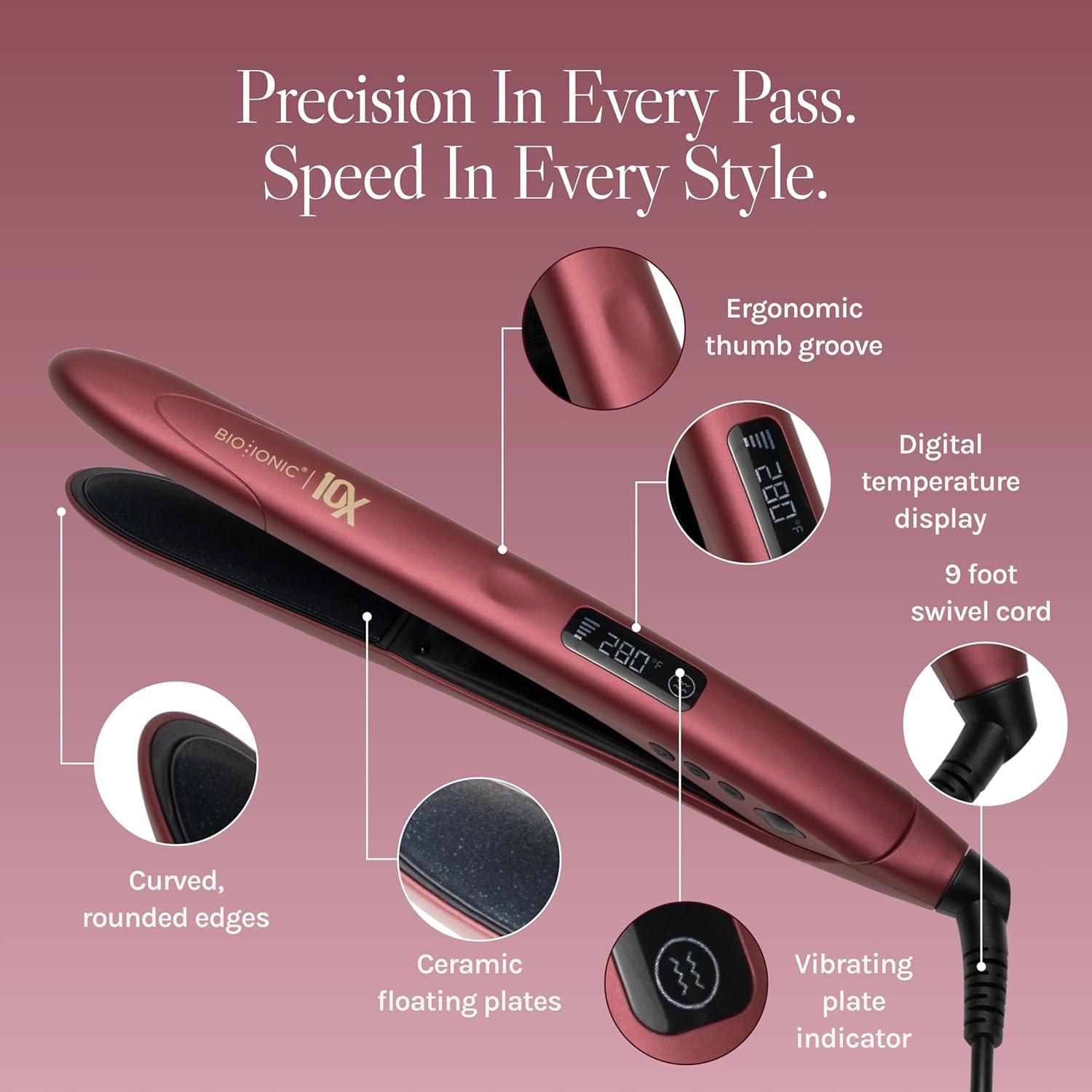 Bio Ionic 10X Styling Iron, Hair Straightener with 1″ Sonic Vibrating Plates, Flat Iron with Ion Generating Mineral Complex, Versatile Styler for Wavy & Straight Hairstyles(Velvet Rouge Limited Edition)