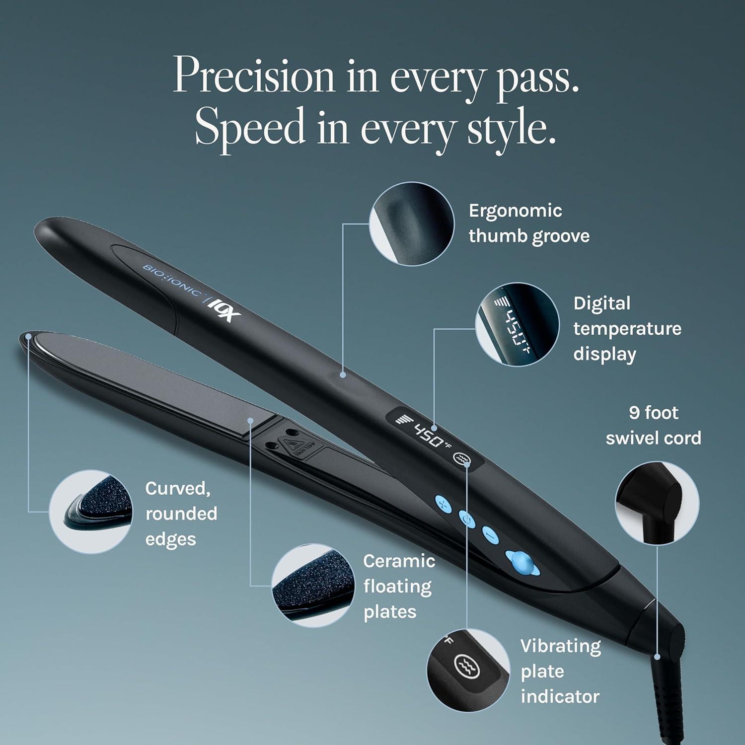 Bio Ionic 10X Styling Iron, Hair Straightener with 1″ Sonic Vibrating Plates, Flat Iron with Ion Generating Mineral Complex, Versatile Styler for Wavy & Straight Hairstyles(Black)